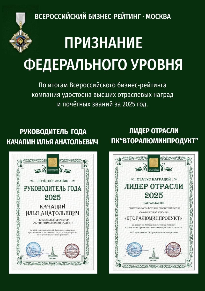 ООО «ПК «Вторалюминпродукт» удостоено звания «Лидер отрасли 2025» по версии Всероссийского бизнес-рейтинга